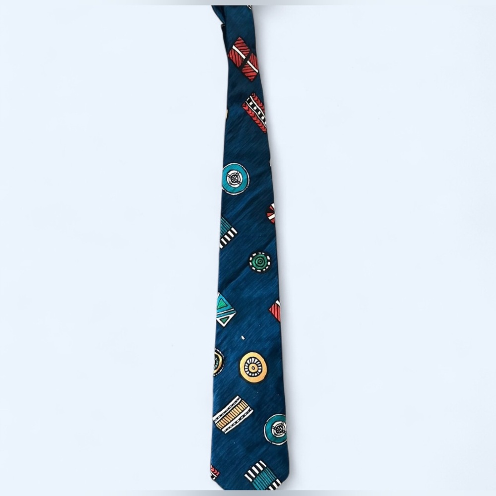 Vintage 100% Silk 90s Geometric Patterned Navy Blue Tie
